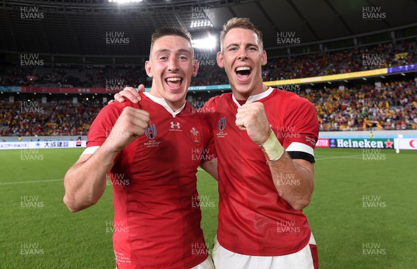 290919 - Australia v Wales - Rugby World Cup - Josh Adams and Liam Williams of Wales celebrate at the end of the game