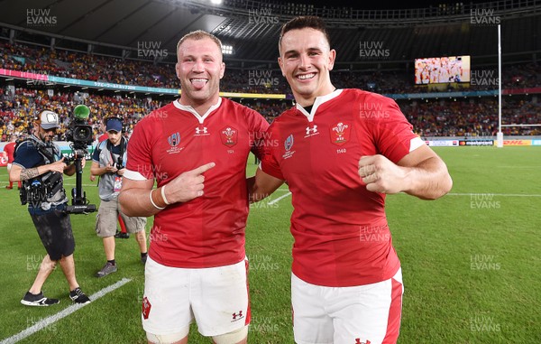 290919 - Australia v Wales - Rugby World Cup - Ross Moriarty and Owen Watkin of Wales celebrate at the end of the game
