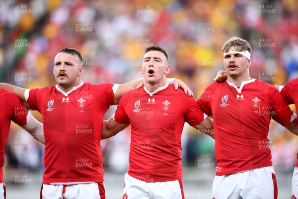 290919 - Australia v Wales - Rugby World Cup - Dillon Lewis, Josh Adams and Aaron Wainwright