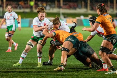 010825 - Australia Women v Wales Women - Gwenllian Pyrs of Wales and Abbie Fleming of Wales drive for the line