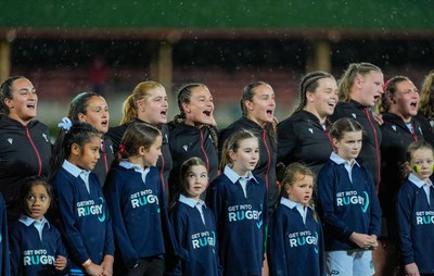 010825 - Australia Women v Wales Women - The Wales team lineup for the anthems