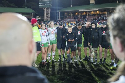 010825 - Australia Women v Wales Women - Alex Callender of Wales speaks to the players as the Wales team huddle up at the end of the match