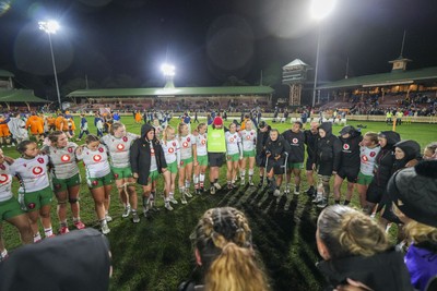 010825 - Australia Women v Wales Women - Alex Callender of Wales speaks to the players as the Wales team huddle up at the end of the match