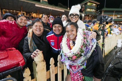 010825 - Australia Women v Wales Women - Sisilia Tuipulotu of Wales with supporters at the end of the match