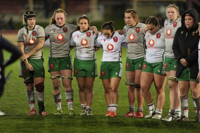 010825 - Australia Women v Wales Women - Wales players, Bethan Lewis, Abbie Fleming, Kayleigh Powell, Meg Davies, Georgia Evans, Jenni Scoble, Alaw Pyrs and Carys Phillips of Wales at the end of the match