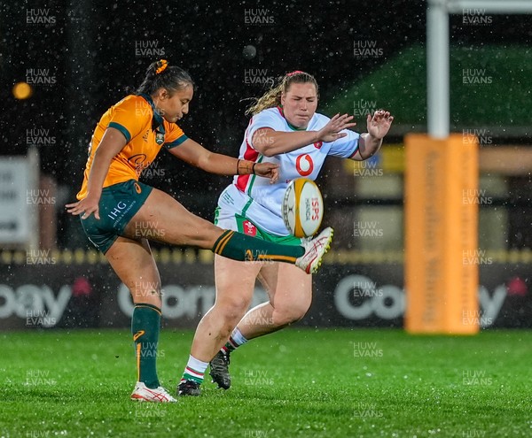 010825 - Australia Women v Wales Women - Gwenllian Pyrs of Wales looks to charge down a kick