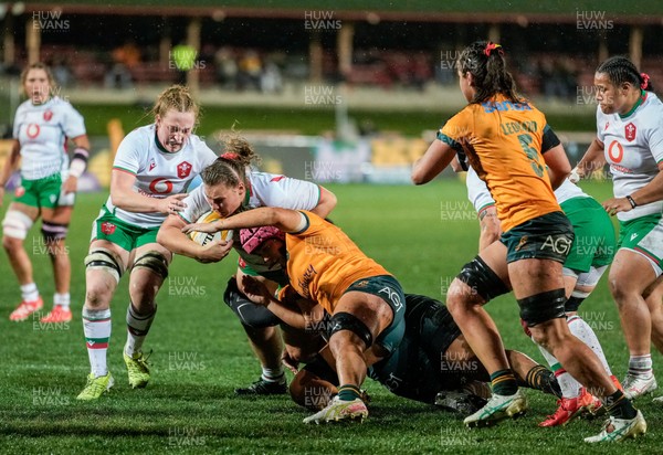 010825 - Australia Women v Wales Women - Gwenllian Pyrs of Wales is tackled short of the line