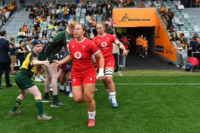 260725 - Australia Women v Wales Women - Katherine Baverstock of Wales and Tilly Vucaj of Wales run out