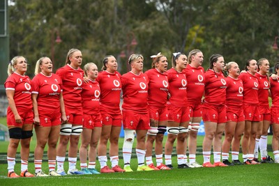 260725 - Australia Women v Wales Women - The Wales team line up for the anthems