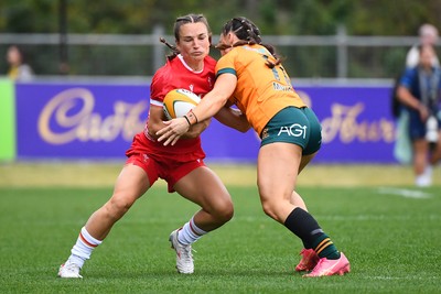 260725 - Australia Women v Wales Women - Jasmine Joyce of Wales takes on Desiree Miller of Australia