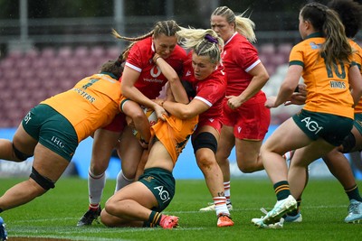 260725 - Australia Women v Wales Women - Hannah Dallavalle of Wales and Alex Callender of Wales combine in defence