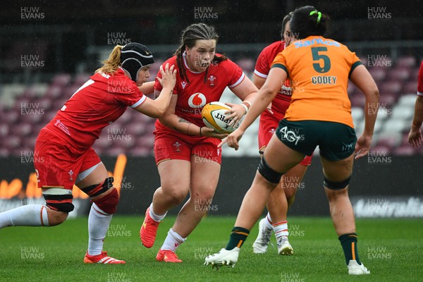 260725 - Australia Women v Wales Women - Maisie Davies of Wales takes on Anabelle Codey of Australia
