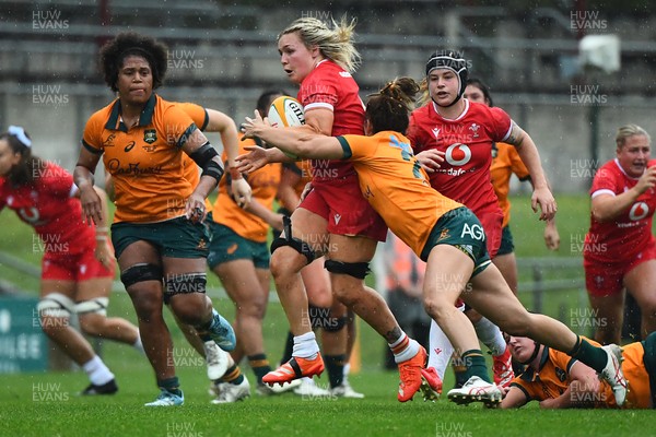 260725 - Australia Women v Wales Women - Alex Callender of Wales is held