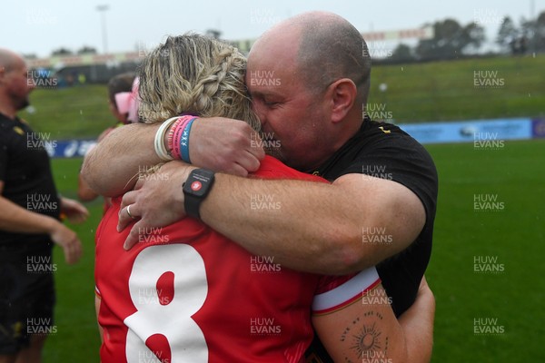 260725 - Australia Women v Wales Women - Sean Lynn, Wales Women head coach celebrates with Alex Callender of Wales at the end of the match