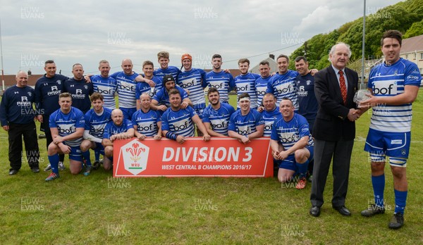 SATURDAY 29th APRIL 2017 WRU National League 3 West B - Bridgend Sports  Bridgend Sports win the WRU National League 3 West B, picking up the trophy after their game against Baglan   WRU representative, Alan Davies presents captain, Lloyd Wilson with the trophy after the final whistle