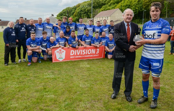 SATURDAY 29th APRIL 2017 WRU National League 3 West B - Bridgend Sports  Bridgend Sports win the WRU National League 3 West B, picking up the trophy after their game against Baglan   WRU representative, Alan Davies presents captain, Lloyd Wilson with the trophy after the final whistle