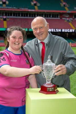 180426 - Bala v Machynlleth - WRU Women's National Bowl - Bala captain Beca Roberts is presented with the Bowl trophy by Terry Cobner