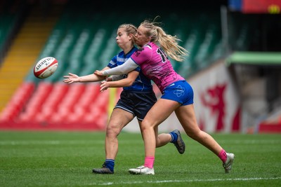 180426 - Bala v Machynlleth - WRU Women's National Bowl - Mali Thomas of Bala tackles Emma Fletcher of Machynlleth