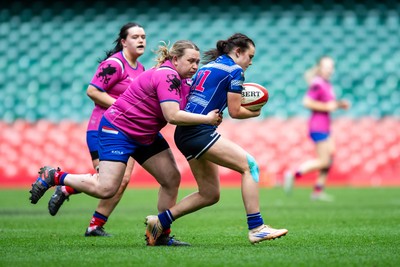 180426 - Bala v Machynlleth - WRU Women's National Bowl - Gwenllian Mason of Machynlleth is tackled by Sara Jones of Bala