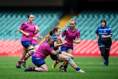 180426 - Bala v Machynlleth - WRU Women's National Bowl - Gwenllian Mason of Machynlleth is tackled by Sara Jones of Bala