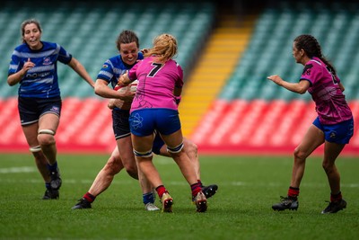 180426 - Bala v Machynlleth - WRU Women's National Bowl - Fflur Jones of Machynlleth is tackled by Efa Jones of Bala