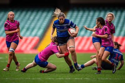 180426 - Bala v Machynlleth - WRU Women's National Bowl - Mari Elin Williams of Machynlleth is tackled by Ela Evans of Bala