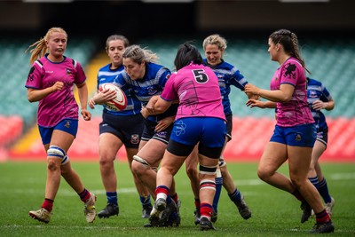 180426 - Bala v Machynlleth - WRU Women's National Bowl - Mari Elin Williams of Machynlleth is tackled by Gwenith Williams of Bala