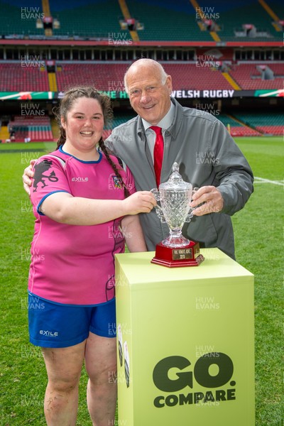 180426 - Bala v Machynlleth - WRU Women's National Bowl - Bala captain Beca Roberts is presented with the Bowl trophy by Terry Cobner