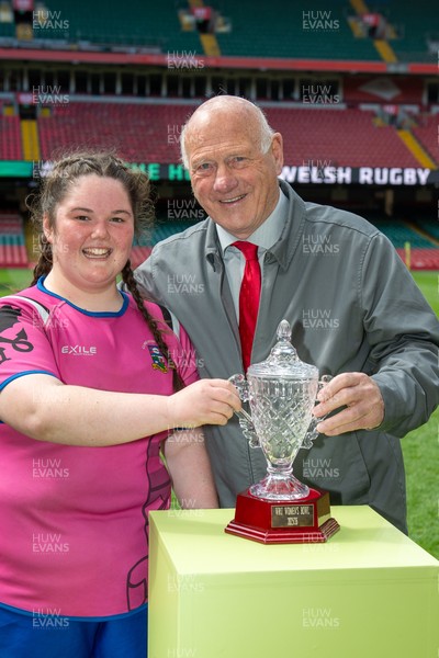 180426 - Bala v Machynlleth - WRU Women's National Bowl - Bala captain Beca Roberts is presented with the Bowl trophy by Terry Cobner