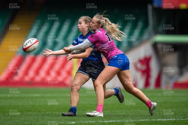 180426 - Bala v Machynlleth - WRU Women's National Bowl - Mali Thomas of Bala tackles Emma Fletcher of Machynlleth