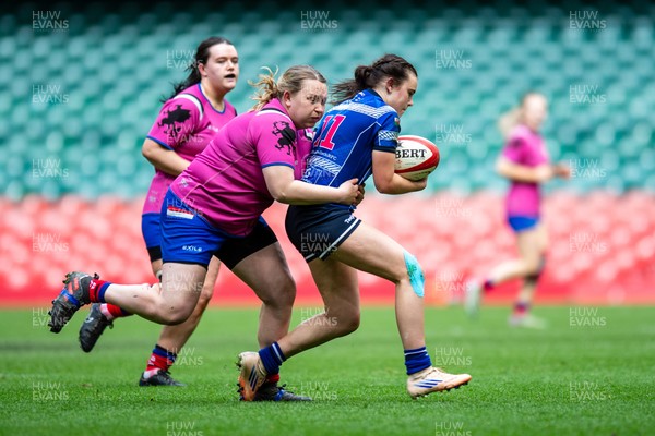 180426 - Bala v Machynlleth - WRU Women's National Bowl - Gwenllian Mason of Machynlleth is tackled by Sara Jones of Bala