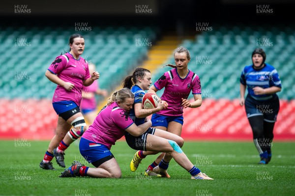180426 - Bala v Machynlleth - WRU Women's National Bowl - Gwenllian Mason of Machynlleth is tackled by Sara Jones of Bala