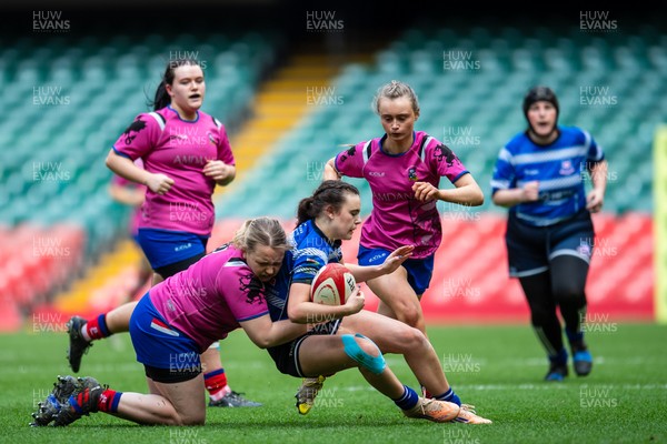 180426 - Bala v Machynlleth - WRU Women's National Bowl - Gwenllian Mason of Machynlleth is tackled by Sara Jones of Bala