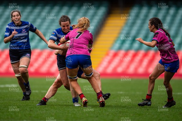 180426 - Bala v Machynlleth - WRU Women's National Bowl - Fflur Jones of Machynlleth is tackled by Efa Jones of Bala