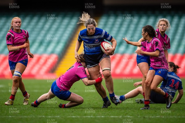 180426 - Bala v Machynlleth - WRU Women's National Bowl - Mari Elin Williams of Machynlleth is tackled by Ela Evans of Bala