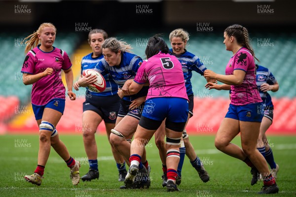 180426 - Bala v Machynlleth - WRU Women's National Bowl - Mari Elin Williams of Machynlleth is tackled by Gwenith Williams of Bala