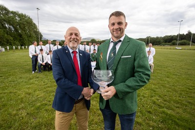 300526 - Admiral National League 3 North West League Presentation Bangor RFC - Alun Roberts, WRU North Wales representative presents Captain Calvin Williams with the trophy