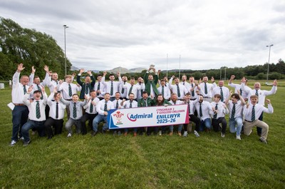 300526 - Admiral National League 3 North West League Presentation Bangor RFC - Captain Calvin Williams lifts the trophy alongside his team mates