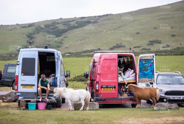 120623 - Picture shows shetland ponies saying hello to some friendly with campers in the shadow of the Offa�s Dyke path near Hay on Wye, South Wales