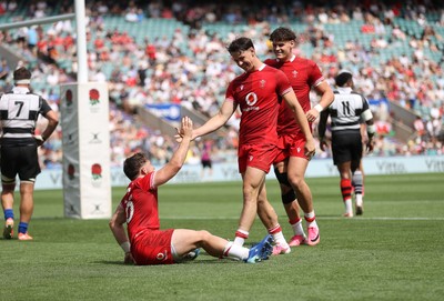270626 - Barbarians v Wales - Friendly - Dan Edwards of Wales celebrates scoring a try with team mates