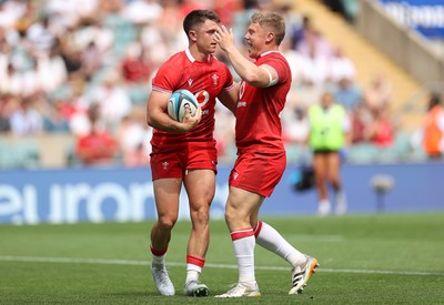 270626 - Barbarians v Wales - Friendly - Reuben Morgan-Williams of Wales celebrates scoring a try with Sam Costelow