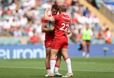 270626 - Barbarians v Wales - Friendly - Reuben Morgan-Williams of Wales celebrates scoring a try with Sam Costelow