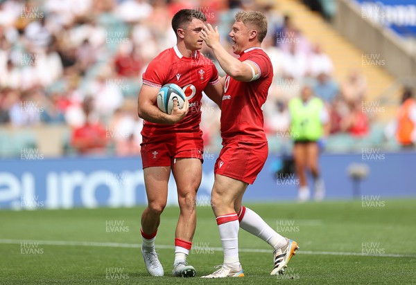 270626 - Barbarians v Wales - Friendly - Reuben Morgan-Williams of Wales celebrates scoring a try with Sam Costelow