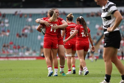270626 - Barbarians Women v Wales Women - Friendly - Amy Williams of Wales celebrates scoring a try with team mates