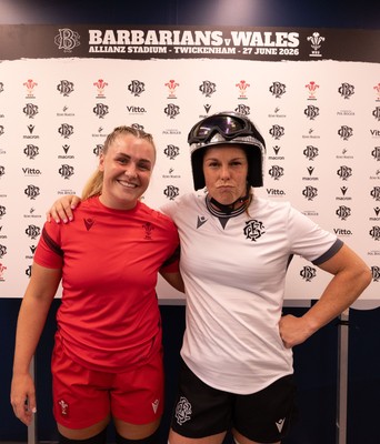 270626 - Barbarians v Wales Women - Alex Callender of Wales and Emily Chancellor of Barbarians at the coin toss