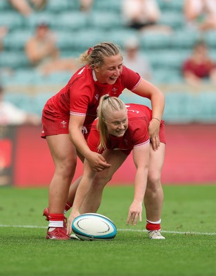 270626 - Barbarians v Wales Women - Seren Lockwood of Wales celebrates after scoring try