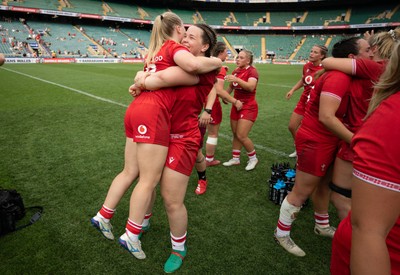 270626 - Barbarians v Wales Women - Maisie Davies of Wales and Seren Lockwood of Wales celebrate at the end of the match