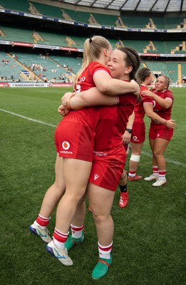 270626 - Barbarians v Wales Women - Maisie Davies of Wales and Seren Lockwood of Wales celebrate at the end of the match