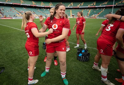 270626 - Barbarians v Wales Women - Maisie Davies of Wales and Seren Lockwood of Wales celebrate at the end of the match