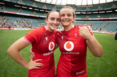 270626 - Barbarians v Wales Women - Sisters Nel Metcalfe of Wales and Branwen Metcalfe of Wales celebrate at the end of the match